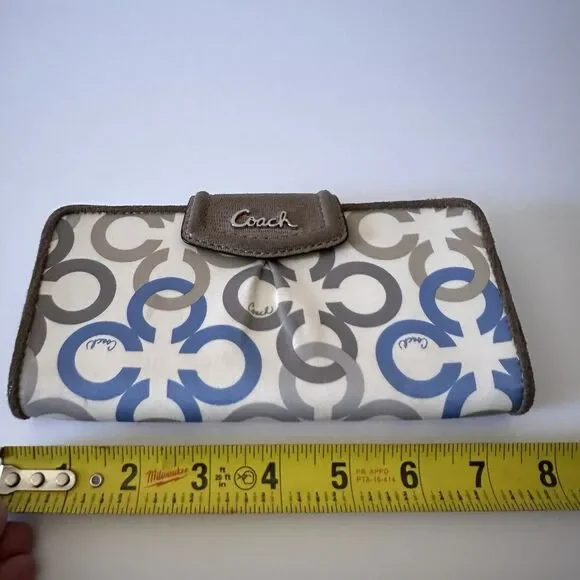 Coach Women's Madison Clover Op Art Wallet Blue Cream Brown Satin - Picture 14 of 15